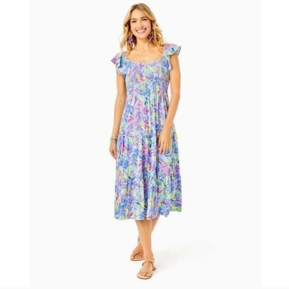 Lilly Pulitzer Jilly Smocked Midi Dress Dew Drop Size Small